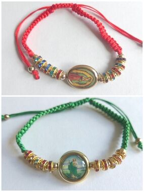 Religious Medal Adjustable Cord Bracelet - Red And Green
